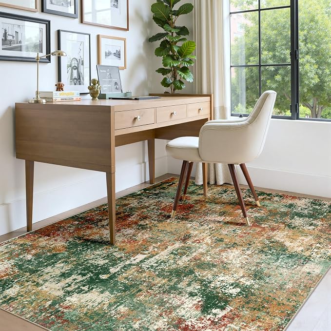 RELEANY Washable Area Rugs 5'x8' Non-Slip Modern Abstract Soft for Living Room Entryway Bedroom Kitchen, Print Pattern, Green Orange Rust Red Cream Colorful