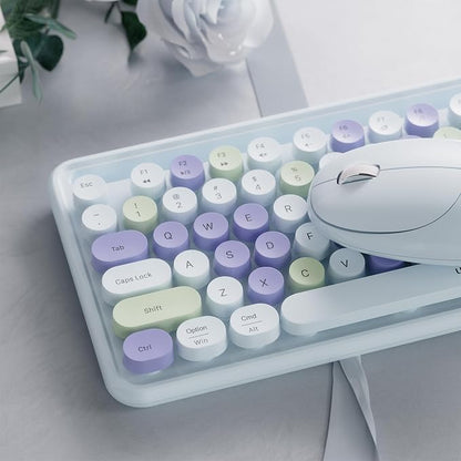 Wireless Keyboard and Mouse, Colorful 104-Key QWERTY with Round Keys, Phone Holder, Wrist Rest, Power Buttons, 2.4GHz USB for PC Laptop (Light Blue Colorful)