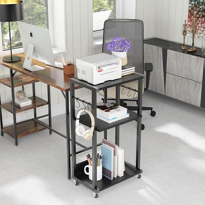 YMYNY Mobile Printer Stand, 3-Tier Printer Cart with Adjustable Storage Shelf and 6 S-Hooks, Tall Printer Table for Home Office, for Computer Tower Stand, Shredder, CPU Stand, Black, UHPT002B