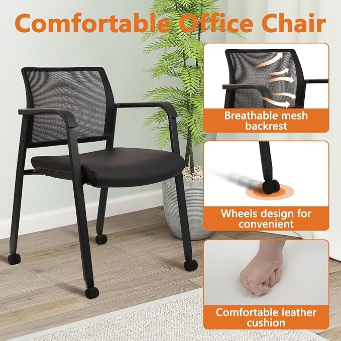 CLATINA Stacking Office Chair with Wheels, Mesh Back Waiting Room Guest Chairs with Arms Comfortable Leather Cushion Stackable Desk Chair for Conference Reception School Side Stationary, Black, 8 PK
