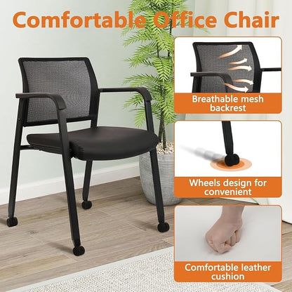CLATINA Stacking Office Chair with Wheels, Mesh Back Waiting Room Guest Chairs with Arms Comfortable Leather Cushion Stackable Desk Chair for Conference Reception School Side Stationary, Black, 8 PK