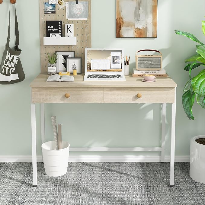 Weehom Computer Desk with Drawers, Home Office Desk for Writing, Studying, and Gaming - Sturdy and Spacious Workstation for PC and Laptop(Beige)