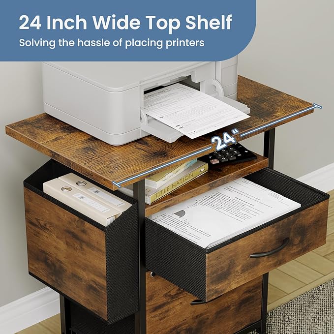 DUMOS 2 Drawer Mobile File Cabinet, Rolling Printer Stand with 24'' Wide Desktop, Fabric Drawer Cabinet Under Desk Fits A4 Size, Printer Cart with Storage Side Bag for Home Office, Rustic Brown