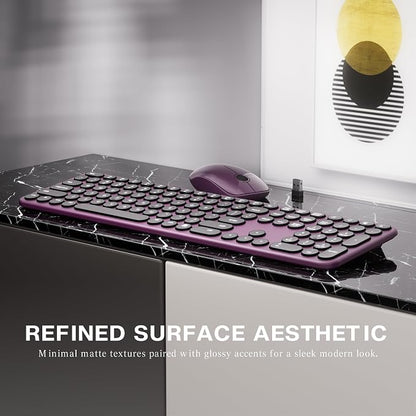 MPTOG Wireless Keyboard and Mouse Combo, Retro Round Typewriter Keys, 2.4G Silent Connection with Number Pad, Ergonomic Aesthetic Desk Set for Home Office, Laptop, PC, Mac (Black Wine Red)