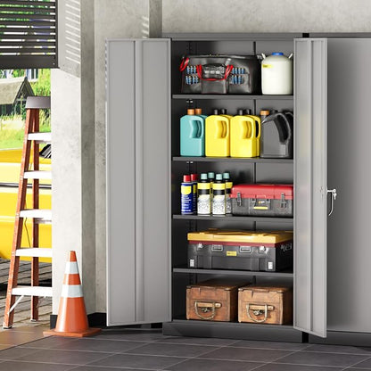INTERGREAT Metal Garage Storage Cabinet with Lock, 72" Storage Cabinet with Locking Doors and 4 Adjustable Shelves, Lockable Steel Tool Cabinet for Home Office, School, Black Grey