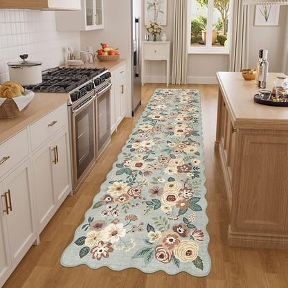 DUKINO 2x8 Washable Runner Rug, Soft Floral Hallway Rug Runner with Low Pile Design, Non Shedding & Non Slip Backing Thin Indoor Carpet for Bedroom, Bathroom, Entrance, Kitchen, Sage Green