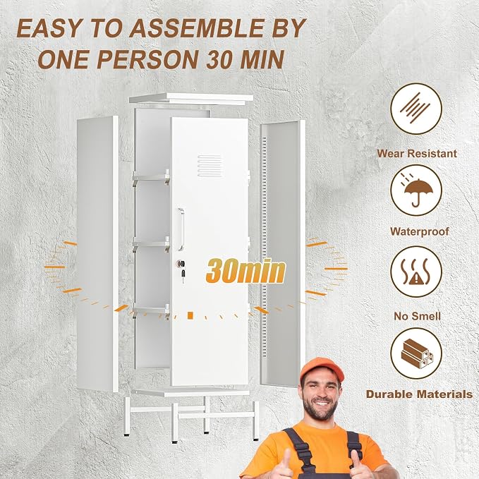 pozdeg 47.24" Metal Storage Locker with Lockable, Employees Metal Steel Locker with 1 Door ＆ 3 Adjustable Shelves, Small Locker Storage Cabinets for Home, School, Office, Gym (White)