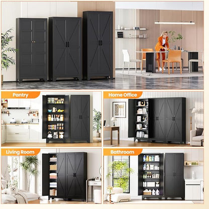 Metal Black Storage Cabinet with 2 Doors and 4 Adjustable Shelves, 75" Tall Kitchen Pantry cabinets, Farmhouse Food Pantry Cabinet,5 Tier Freestanding Barn Door Cupboard for Kitchen Dining/Living Room