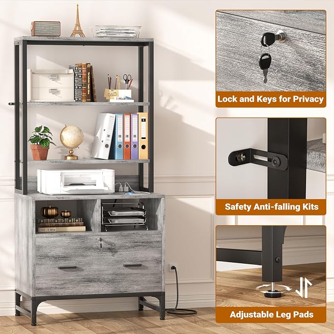 Homieasy File Cabinet with Charging Station, Vertical Filing Cabinet with Lock & Large Drawer, Printer Stand with Storage Shelves, Office Storage Cabinet fits Letter/A4/Legal Size, Light Oak