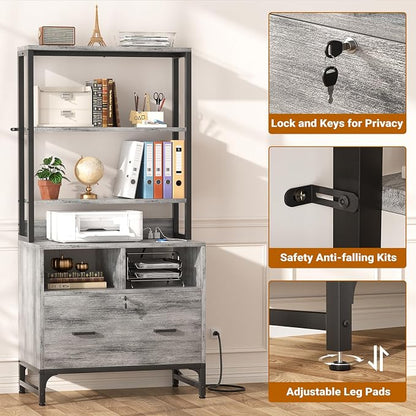 Homieasy File Cabinet with Charging Station, Vertical Filing Cabinet with Lock & Large Drawer, Printer Stand with Storage Shelves, Office Storage Cabinet fits Letter/A4/Legal Size, Light Oak