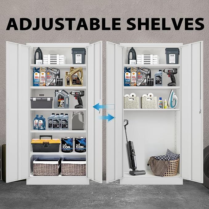 CJF Metal Storage Cabinets with 5 Adjustable Shelves, 71" H Locking Storage Cabinet for Garage, Office, School - White