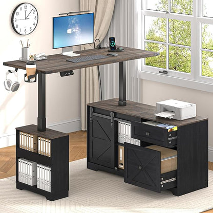 St.Mandyu 55" L Shaped Electric Standing Desk with File Drawer & Sliding Door, Height Adjustable Sit Stand Corner Computer Desk with Power Outlets, Drawers & Cup Holder for Home Office, Black