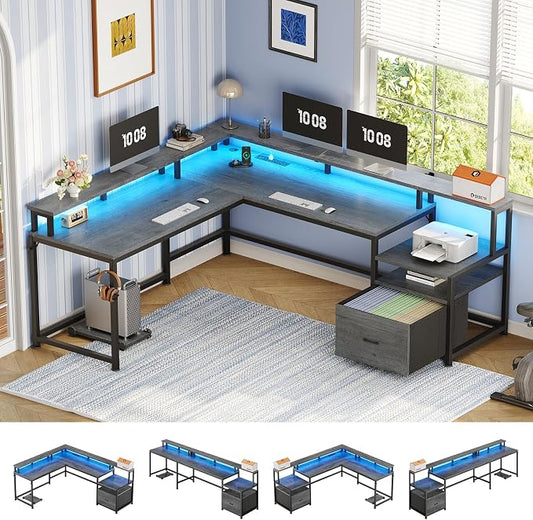 SEDETA L Shaped Desk, 66" Home Office Desk with File Drawer & Power Outlet, Gaming Desk with Led Lights, Corner Computer Desk with Monitor Shelf, Printer Storage Shelves, Two Person Desk, Grey