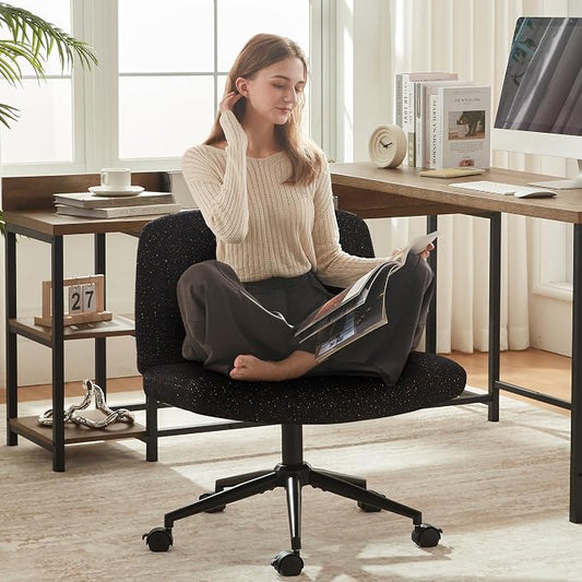 Dowinx Criss Cross Chair with Wheels, Preminum Fabric and Pocket Spring Cushion, Adjustable Swivel Wide Seat Computer Chair, Morden Design Vanity Chair, All Black