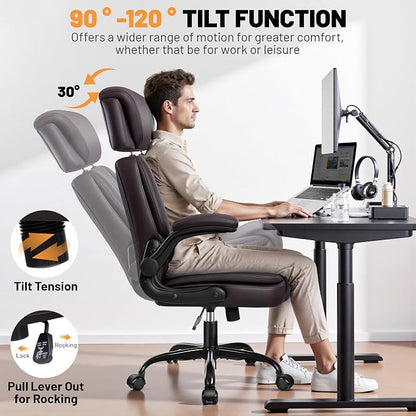 BestGlory Ergonomic Office Chair, PU Leather Executive Desk Chair with Adjustable Headrest, Flip-Up Arms and Lumbar Support, High Back Computer Chair for Home Office, Remote Work, Gaming, Coffee