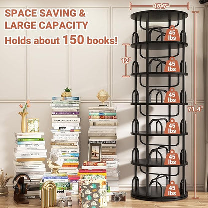 Aheaplus 6 Tier Rotating Bookshelf Tower, Revolving Bookcase, 360° Round Spinning Book Shelf, Narrow Swivel Bookshelves Vertical Rolling Turning Corner Bookshelf Organizer for Small Space, Black