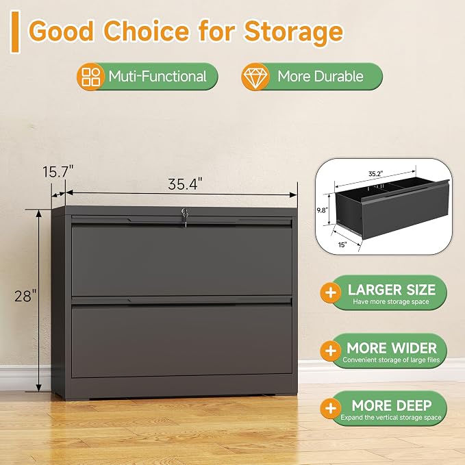 2 Drawer Lateral File Cabinet with Lock,Metal File Cabinets for Home Office,Locking Filing Cabinet for Letters/Legal/A4 Size, Assembly Required,Black Widen