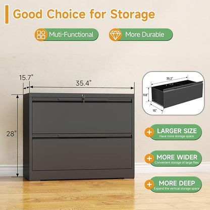 2 Drawer Lateral File Cabinet with Lock,Metal File Cabinets for Home Office,Locking Filing Cabinet for Letters/Legal/A4 Size, Assembly Required,Black Widen