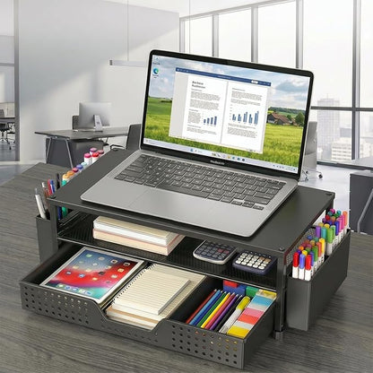 ECOLOVI Desk Organizer and Accessories, 2-Tier Computer Monitor Stand Rise with Storage Drawer & 2 Pen Holders, Laptop & Printer Stand for Desktop, Workspace Organizers for Office Supplies (Black Wood)