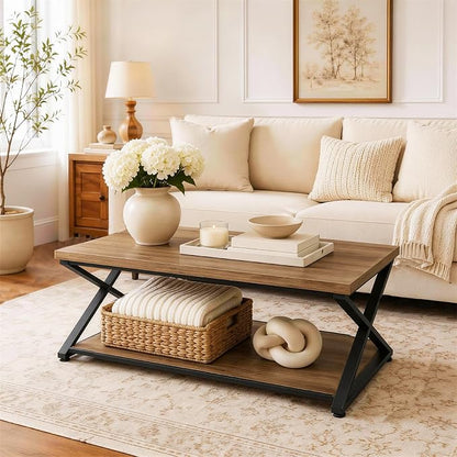 Coffee Table with Storage, 2 Tier Farmhouse Center Table, Rectangle Cocktail Tea Table for Living Room Bedroom, Rustic Brown,39Inch