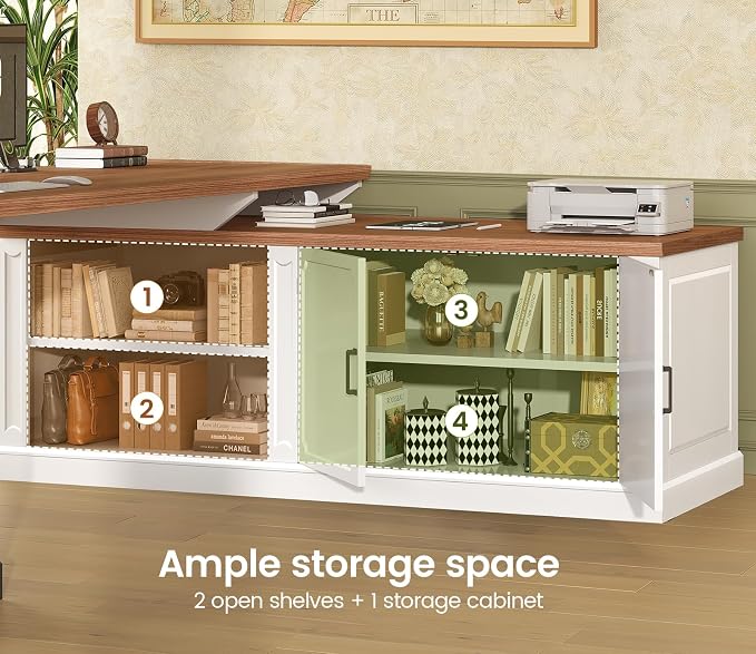 SEDETA Farmhouse L Shaped Desk with Drawers, 70.9" Home Office Desk with Storage Cabinet and Storage Shelves, L Shaped Computer Desk with Power Outlet，White+Brown