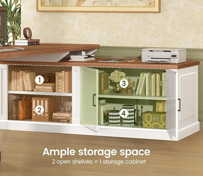 SEDETA Farmhouse L Shaped Desk with Drawers, 70.9" Home Office Desk with Storage Cabinet and Storage Shelves, L Shaped Computer Desk with Power Outlet，White+Brown