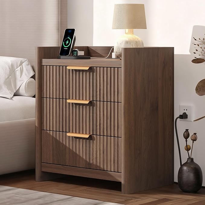 25.9" Fluted Nightstand with Charging Station, Large Bedside Table with 3 Storage Drawers and Metal Handle, Modern End Table for Bedroom, Home Office(Dark Walnut)