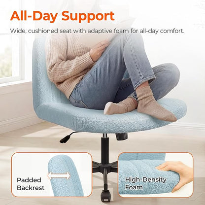 Orange Factory Criss Cross Chair Wheels Vanity Chair Office Desk Comfy Wide Cross Legged Armless Teddy Fabric Adjustable Swivel for Home Computer Task (Blue, Teddy Fleece)