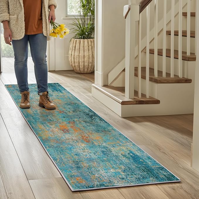 RELEANY Washable Area Rugs 2'x6' Non-Slip Modern Abstract Soft for Living Room Entryway Bedroom Kitchen, Print Pattern, Teal Blue Green Orange Rust Red Coloreful