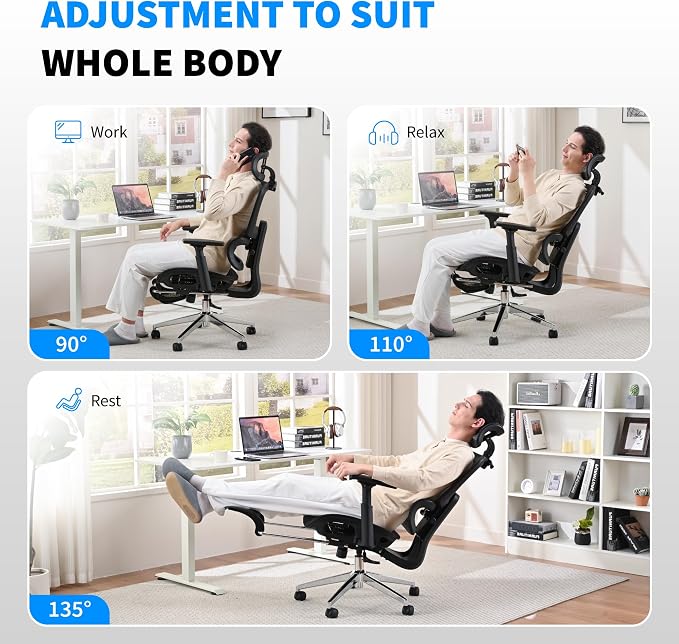 Mesh Ergonomic Office Chair with Footrest, Black | High Back, Lumbar Support, Adjustable Headrest and Armrests, Gaming Chair,Home Office Desk Chair