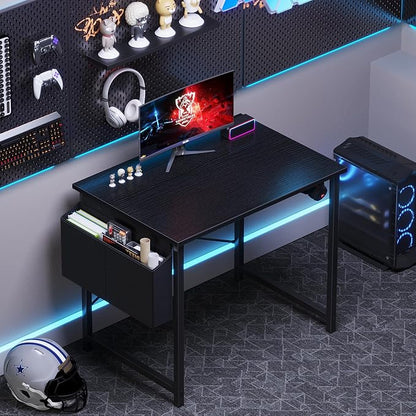 OLIXIS Small Computer Desk, 31 Inch Home Office Desks, Writing Study Craft Work Gaming Table, Computer Workstation for Small Spaces with Storage Bag and Headphone Hook for Bedroom, Black