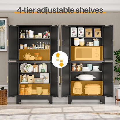 75" H Tall Kitchen Pantry Cabinet, Pantry Storage with Doors and 3 Adjustable Shelves, Metal Storage, Cupboard for Kitchen, Black
