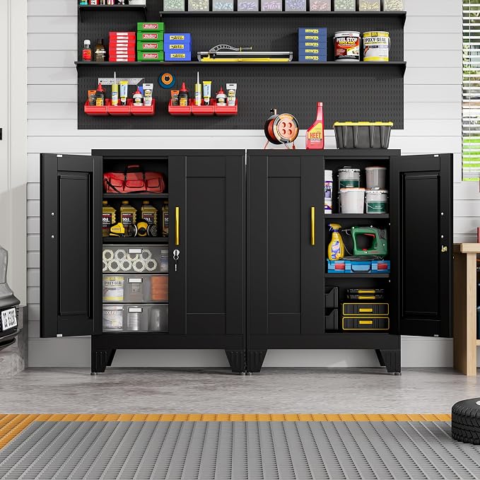 36" Metal Storage Cabinet with Lock,Steel Locker Organizer, Office File Cabinet with 2 Doors and 2 Adjustable Shelves,Outdoor Tool Garage Cabinets for Home Office,Gym,School,Warehouse(Black)