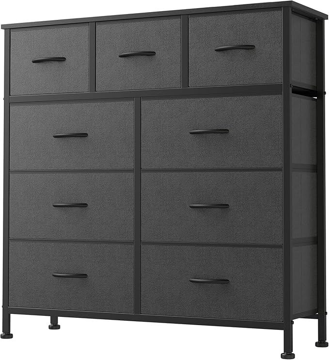 DUMOS Dresser for Bedroom, Dressers & Chests of Drawers Dresser Organizer, Wood Top Table Furniture with 9 Fabric Storage Tower Unit, Chest of Drawers for Closet, Living Room, Hallway, Porch