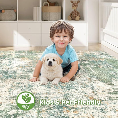 12x18 Area Rug Living Room: Washable Large Abstract Soft Green Rug Stain Resistant Indoor Floor Non-Slip Accent Carpet for Men Modern Home Enthusiasts Aged 25-45 - Bedroom Office Playroom
