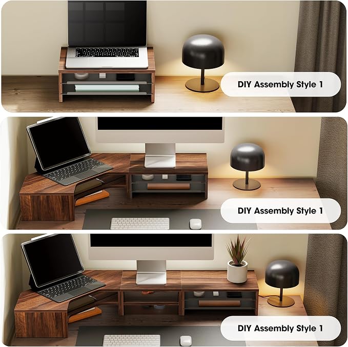Fenge Monitor Stand, 3-Tier Monitor Riser with Slide-Out Tray, Wooden and Metal Desktop Organizer for Home Office, Computer, Laptop, Printer, Telephone