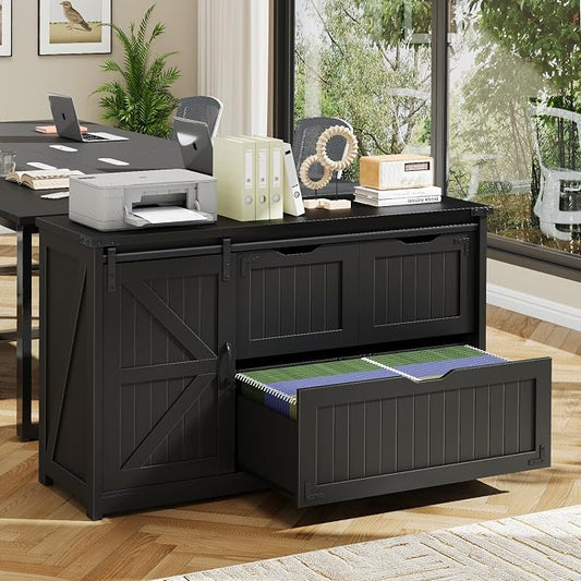 Halitaa 47.8” Farmhouse Lateral File Cabinet with Sliding Barn Door, 3 Drawers Filing Storage Cabinets with Adjustable Shelf, Office Printer Stand for Hanging Files Letter/Legal/A4/F4.Pure Black