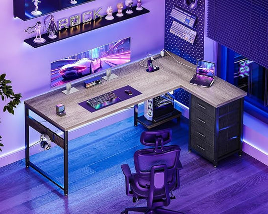 AODK L Shaped Gaming Desk with 4 Drawers, 61" Reversible Home Office Desks with Power Outlets, L Shaped Computer Desk with USB Charging Port and Host Stand, Corner Desk, Easy to Assemble, Grey
