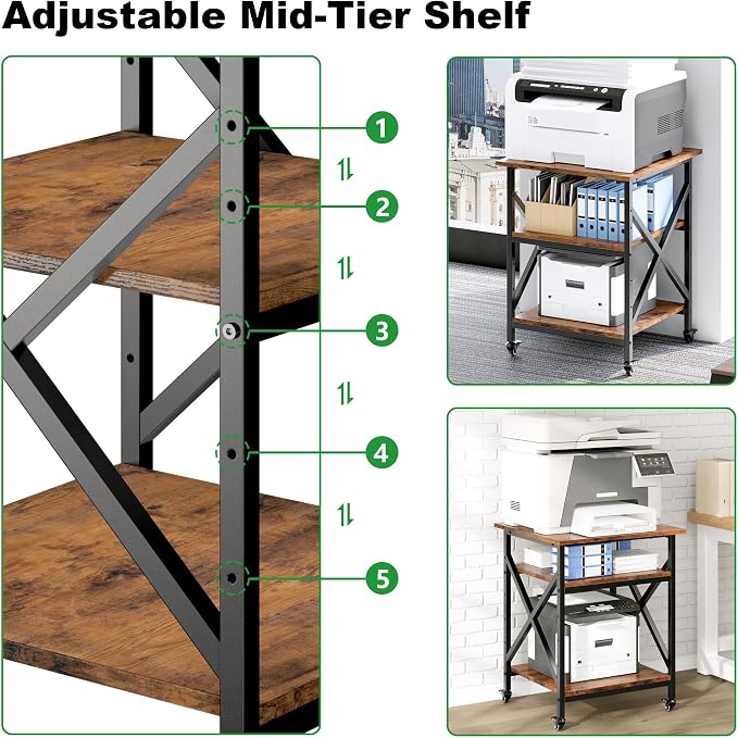 3 Tier Printer Stand, Large Table with Wheels, Rolling Cart with Height Adjustable Middle Storage Shelf, 23.6 x 23.6 x 30.3 Inches Shelf for Home Office, Vintage Brown