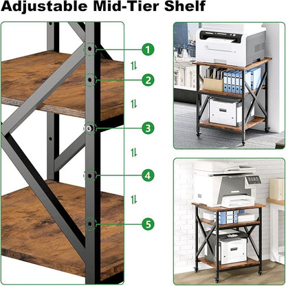 3 Tier Printer Stand, Large Table with Wheels, Rolling Cart with Height Adjustable Middle Storage Shelf, 23.6 x 23.6 x 30.3 Inches Shelf for Home Office, Vintage Brown