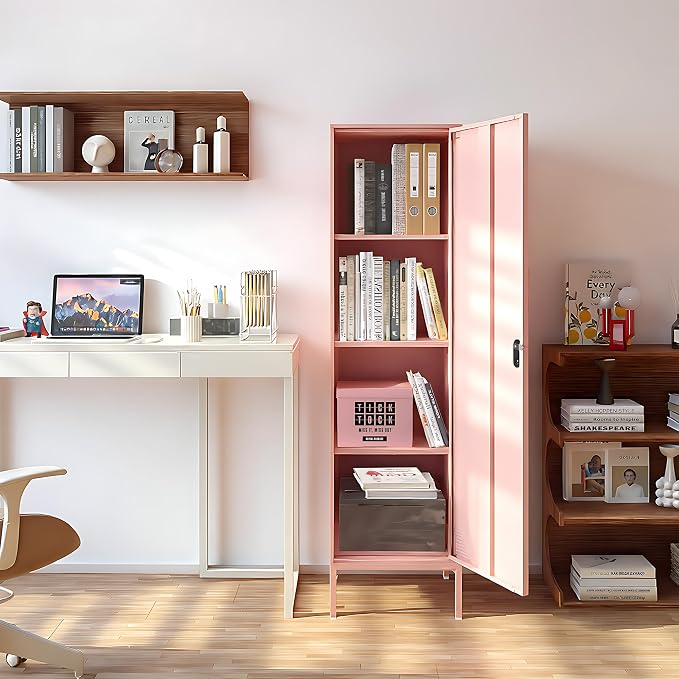 Locker Storage Cabinet Metal Locking Storage Cabinet (Pink) | With Door and Adjustable Shelves for Kitchen Pantry Home Office Bathroom School Dormitory
