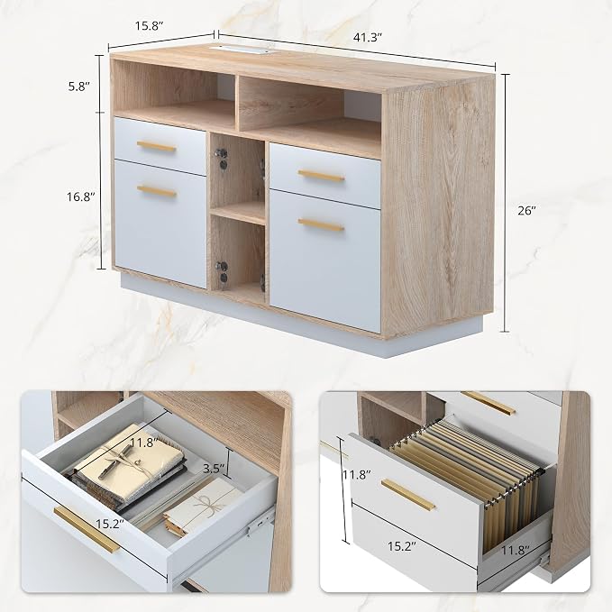 ModernMate 4 Drawer File Cabinet, Wood Filing Cabinet for Home Office with Lock, Power Strip, Storage Shelves, Home Office Lateral File Storage Fits Legal/Letter Size, Light Walnut