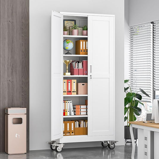 Metal Garage Storage Cabinets and storage system, 75”Tall Rolling utility cabinet with Wheels, Lock, 5 Adjustable Shelves, Heavy Duty Steel Tool Locker for Home Office, Utility Room, Gym,White