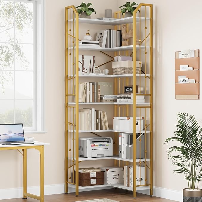 GarveeHome Corner Bookshelf 86" l Shaped Bookcase, Corner Bookshelves Industrial Bookcase 7 Tier l-Shape Bookshelf, Large Bookcases with Beaded Design Tall Display Rack Shelf for Living Room Bedroom