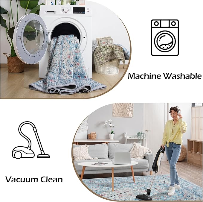 Goideal Washable Rug 6x9, Blue Area Rugs Non Slip, Indoor Low Pile Carpet with Rubber Backing for Living Room Kitchen Bathroom Entryway Office Bedroom