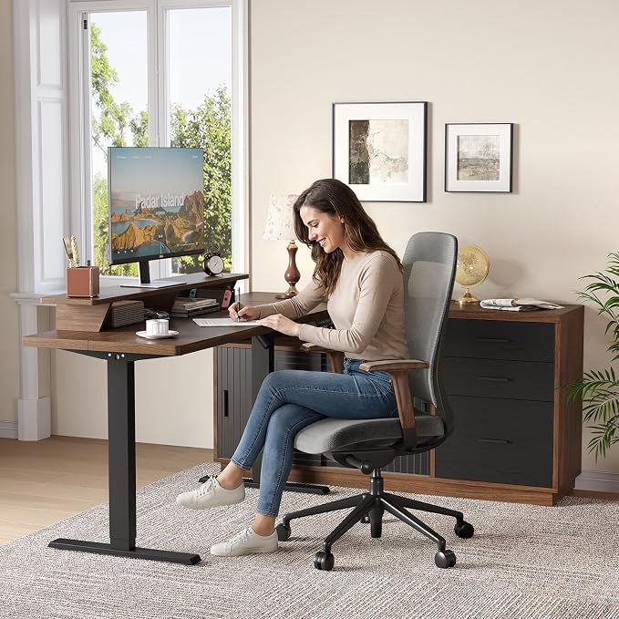 ONBRILL 63" Electric Standing Desk with 55" File Cabinet, Adjustable Height Home Office Furniture Set with Monitor Stand and 3 Drawers, Executive Workstationfor Home Office, Walnut