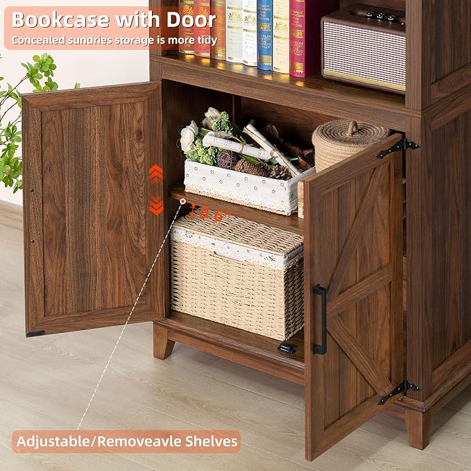 Joaxswe 70in Tall Bookshelf 5 Tier Bookcase with Barn Doors and Adjustable Shelves, Brown Farmhouse Book Shelf with Storage Cabinet, Wood Freestanding Display Bookshelves for Bedroom, Kitchen (3PCS)