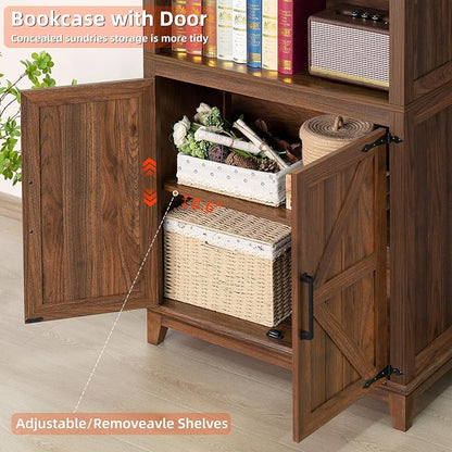 Joaxswe 70in Tall Bookshelf 5 Tier Bookcase with Barn Doors and Adjustable Shelves, Brown Farmhouse Book Shelf with Storage Cabinet, Wood Freestanding Display Bookshelves for Bedroom, Kitchen (3PCS)