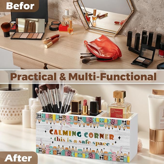 Boho Classroom Pencil Pen Holder for Desk Organizer, Reading Nook Corner Decor, Calming Corner Reading Wooden Box Decorations for Home Office Classroom Desk Tabletop Nursery Toddler Decor