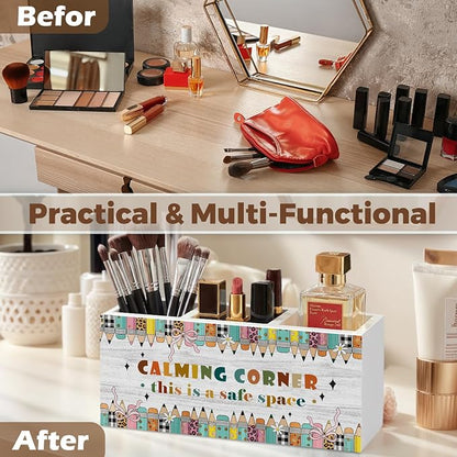 Boho Classroom Pencil Pen Holder for Desk Organizer, Reading Nook Corner Decor, Calming Corner Reading Wooden Box Decorations for Home Office Classroom Desk Tabletop Nursery Toddler Decor
